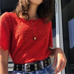 Madewell Broadway & Broome Red Scalloped Lace Top